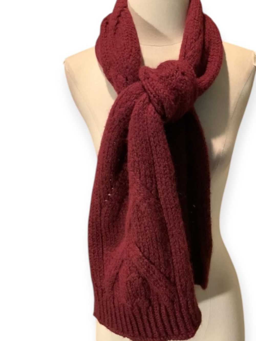 66”x10” J. Jill Wine Wool Nylon Alpaca Chunky Cable Knit Scarf Wrap